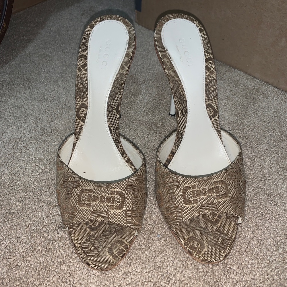 Authentic Gucci Beige/White Horsebit Canvas Slides Sandal